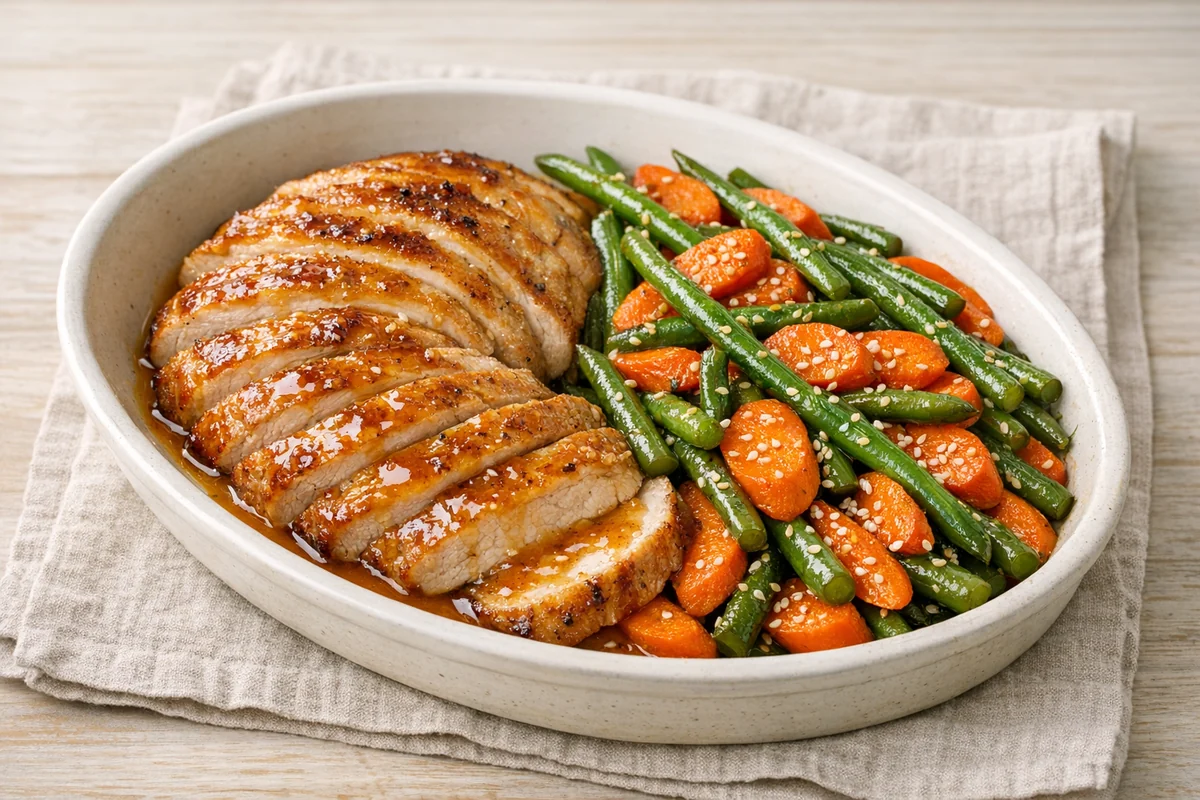Maple turkey with sesame green beans & carrots, prepared and ready to eat